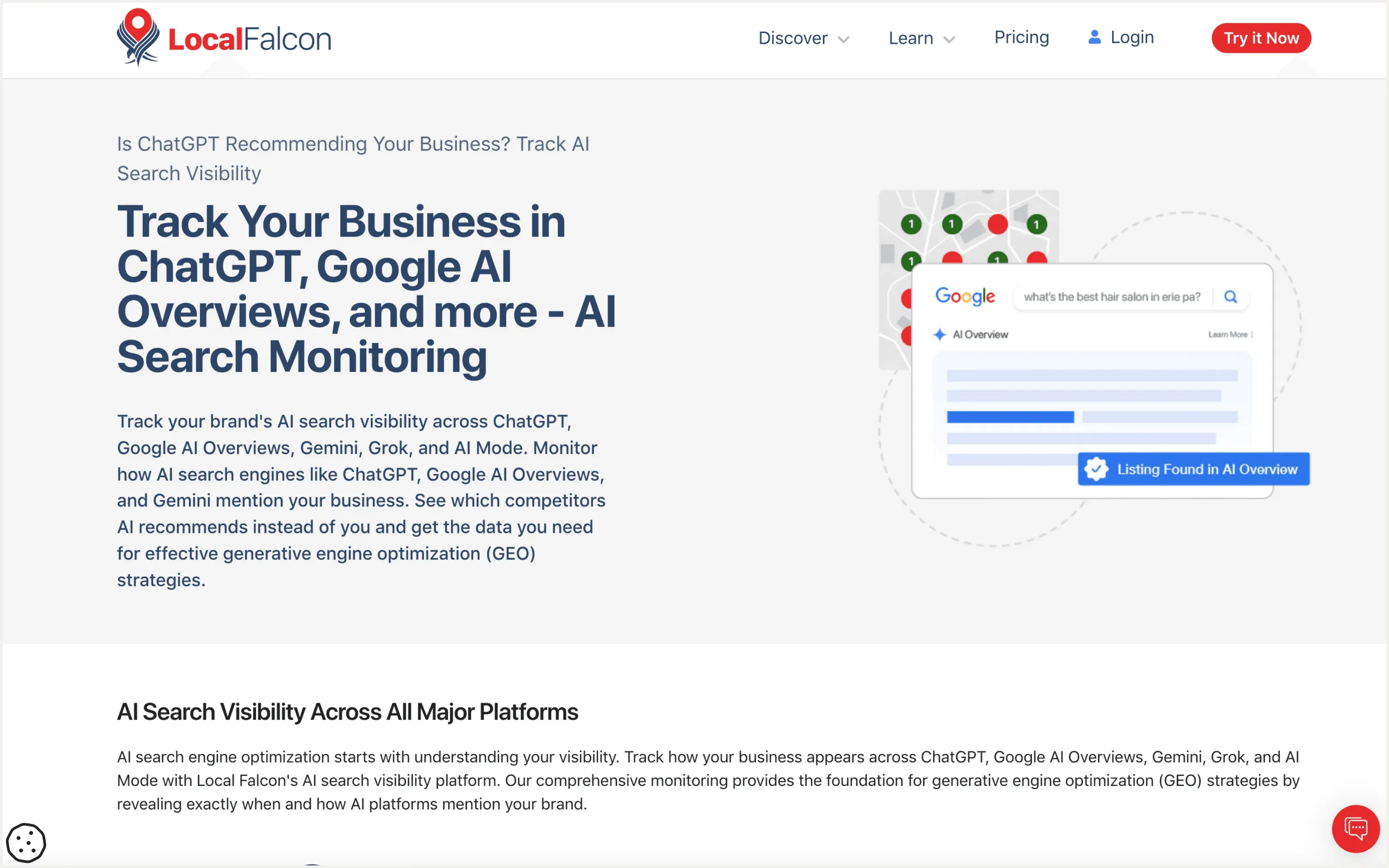 Screenshot of Local Falcon's dashboard showing AI search visibility tracking and analytics.