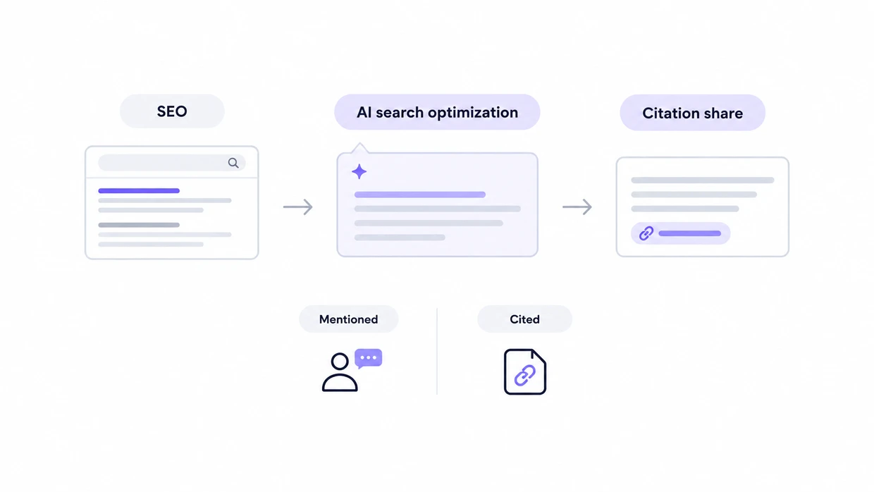 Flow from an SEO result to an AI answer to citation share, with mentioned and cited as separate states