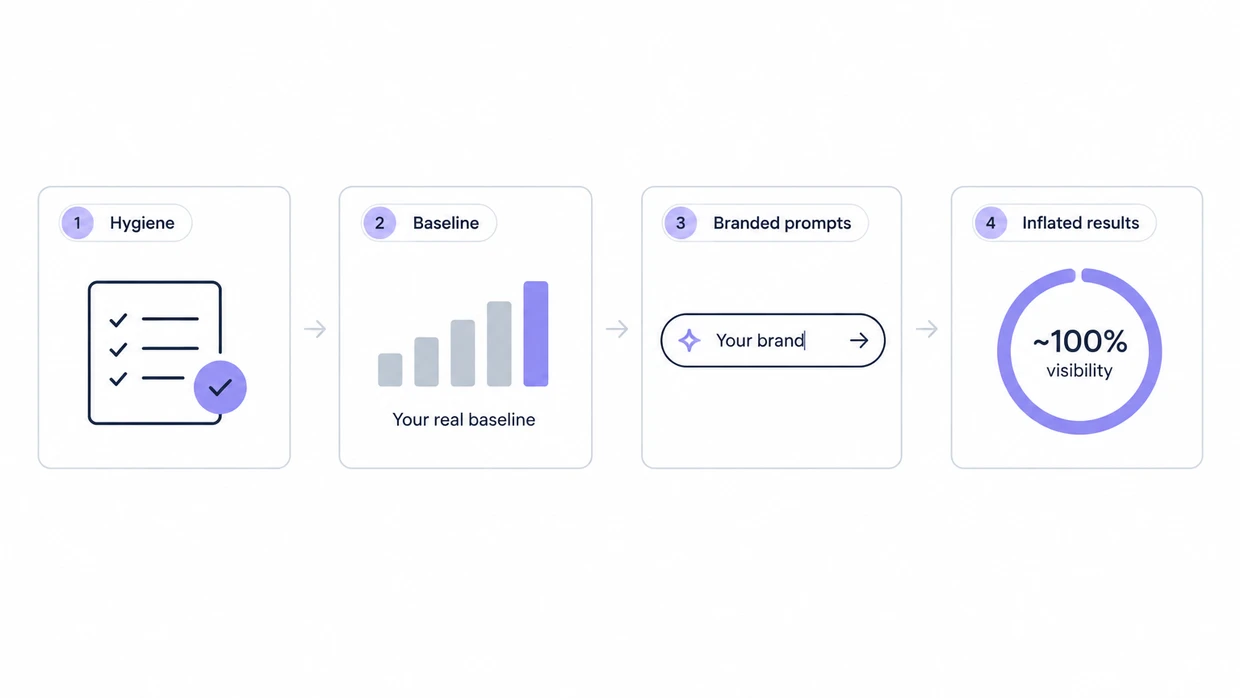 Four numbered steps from prompt hygiene to baseline to a branded prompt, ending in inflated visibility near 100%