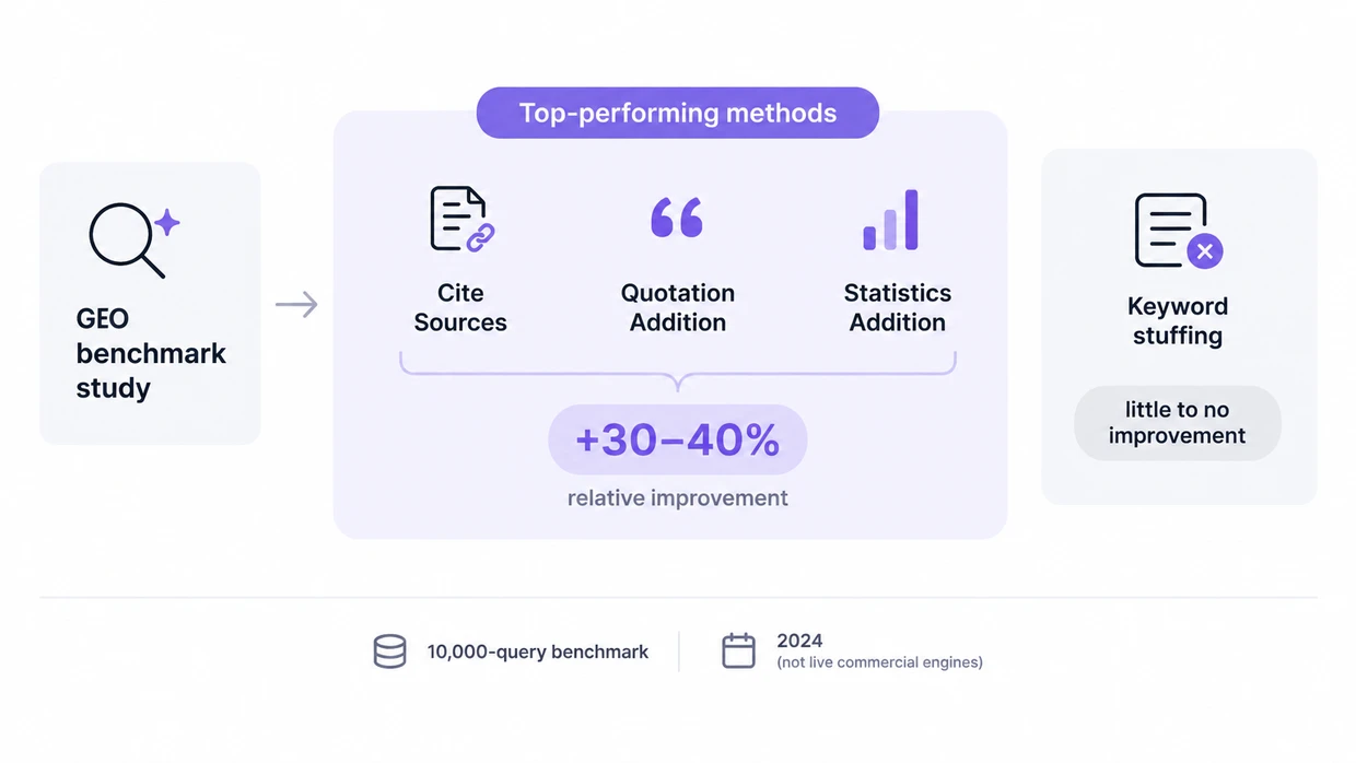 Cite Sources, Quotation Addition and Statistics Addition grouped at +30–40% against keyword stuffing at nil