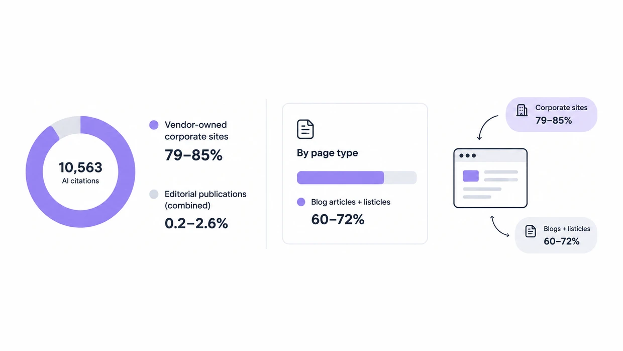 10,563 AI citations: vendor-owned corporate sites hold 79–85%, editorial 0.2–2.6%, blog articles and listicles 60–72%