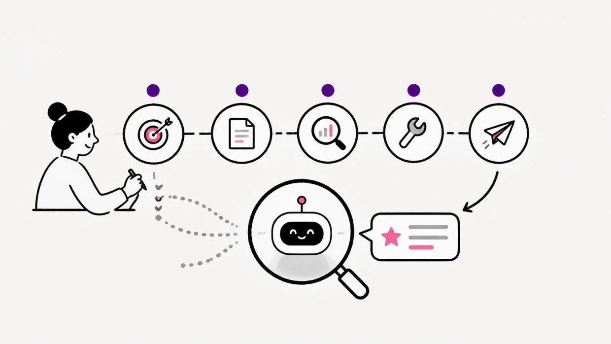 Line illustration of a marketer sketching a five-step chain of circled icons — target, document, magnified chart, wrench, paper plane — feeding a magnifier held over an AI assistant that returns a starred answer card