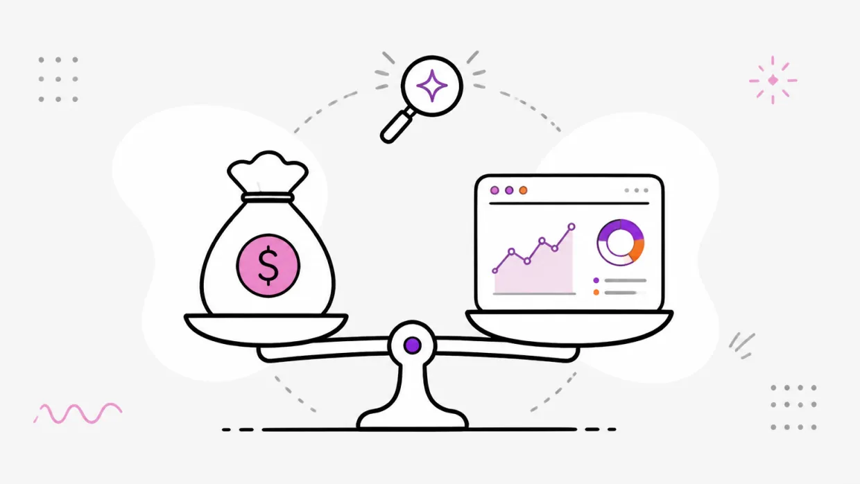 Line illustration of a balance scale weighing a money bag against a laptop showing a visibility chart, with a magnifier held over the scale