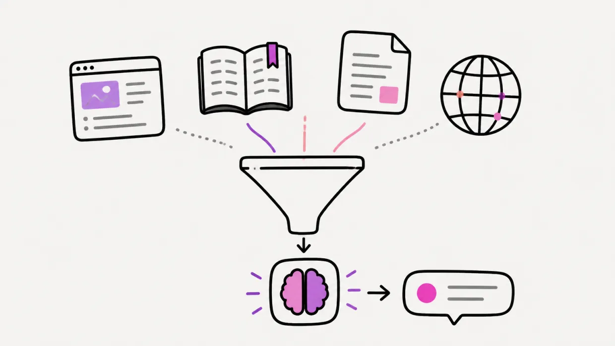 Line illustration of a web page, an open book, a document and a globe feeding one funnel into an AI brain icon, which returns a chat answer bubble