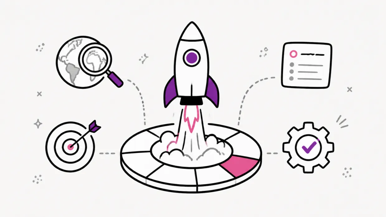 Line illustration of a violet rocket lifting off a segmented launch pad, one segment filled pink, linked by dashed lines to a globe under a magnifier, a target, a checklist and a gear with a check mark