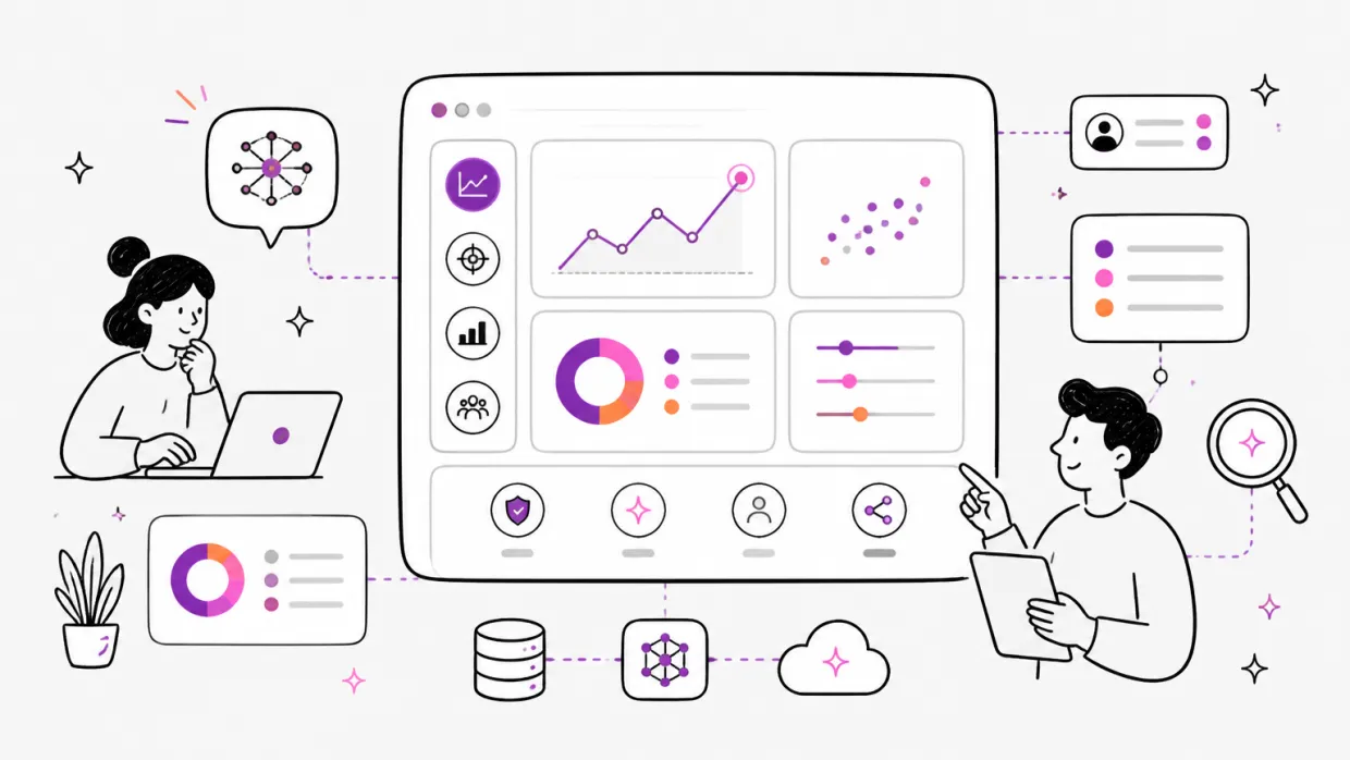 Line illustration of a large analytics dashboard of line, scatter and donut charts fed by a database, a network node and a cloud, with one person weighing it up at a laptop and another pointing at it from a tablet