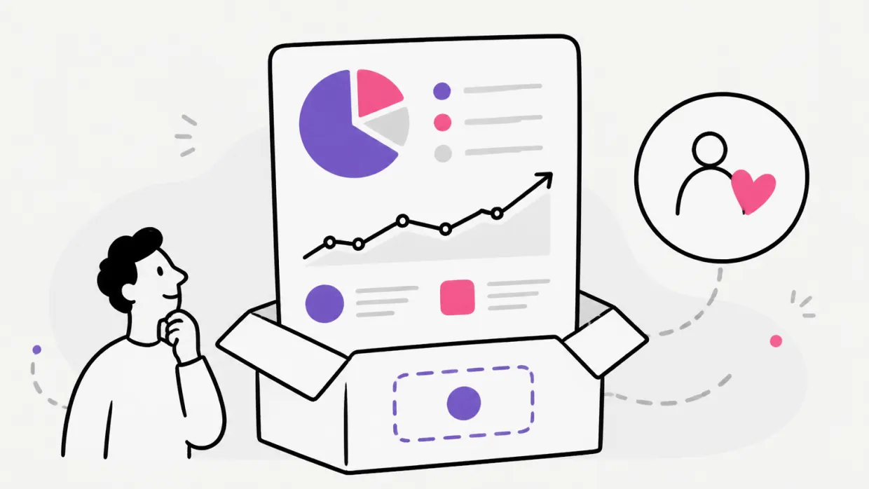 Line illustration of a marketer studying a report with a pie chart and rising trend line, lifted from an open box with a blank dashed label and linked to a client icon