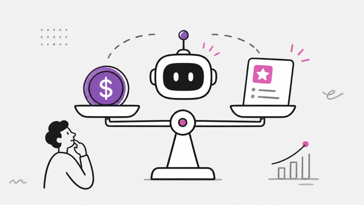 Line illustration of a balance scale with a violet dollar coin on one pan and a starred AI answer card on the other, a robot at the pivot and a marketer weighing them beside a rising bar chart