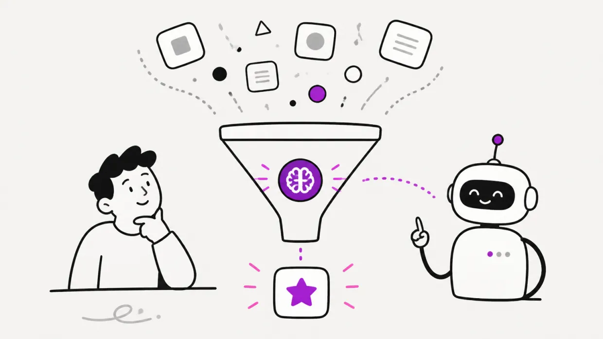 Line illustration of scattered content cards pouring into a funnel with an AI brain that outputs one starred recommendation, between a thoughtful person and a pointing AI robot