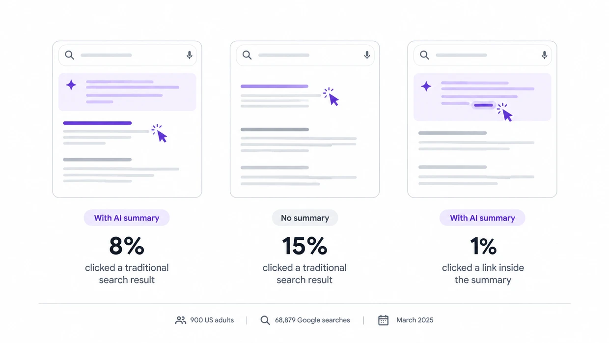 Three search result panels: 8% clicked a result with an AI summary, 15% with no summary, 1% clicked a link inside it