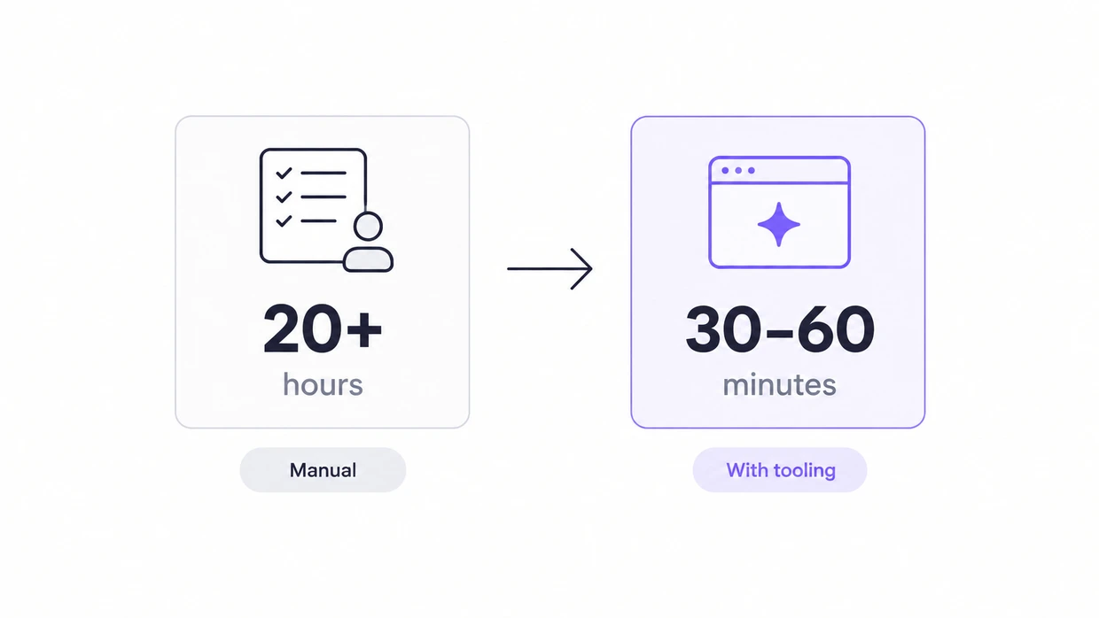 Manual audit at 20+ hours beside an audit generated with tooling in 30–60 minutes