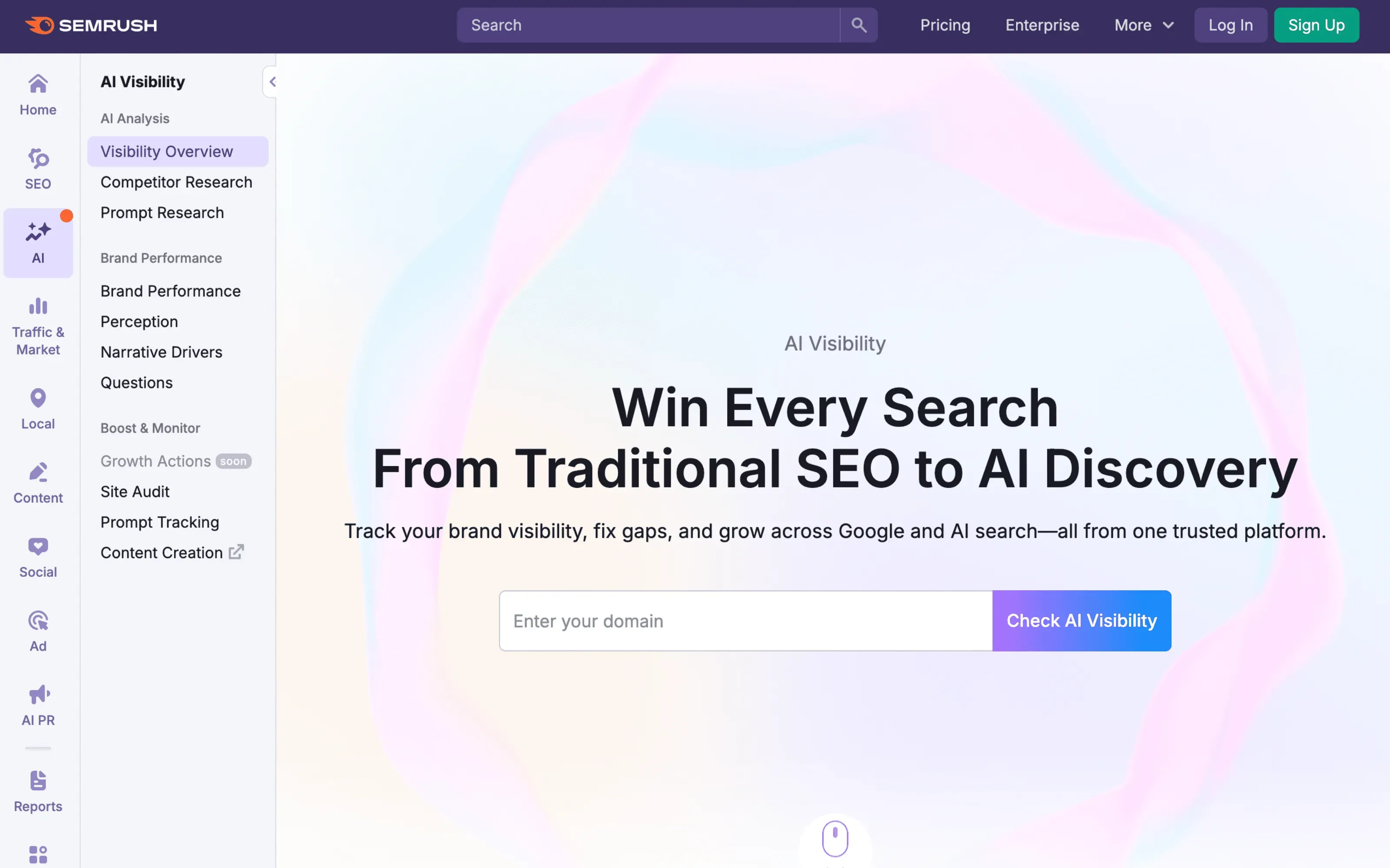 Screenshot of Semrush dashboard showing LLM visibility tracking and AI search analytics.