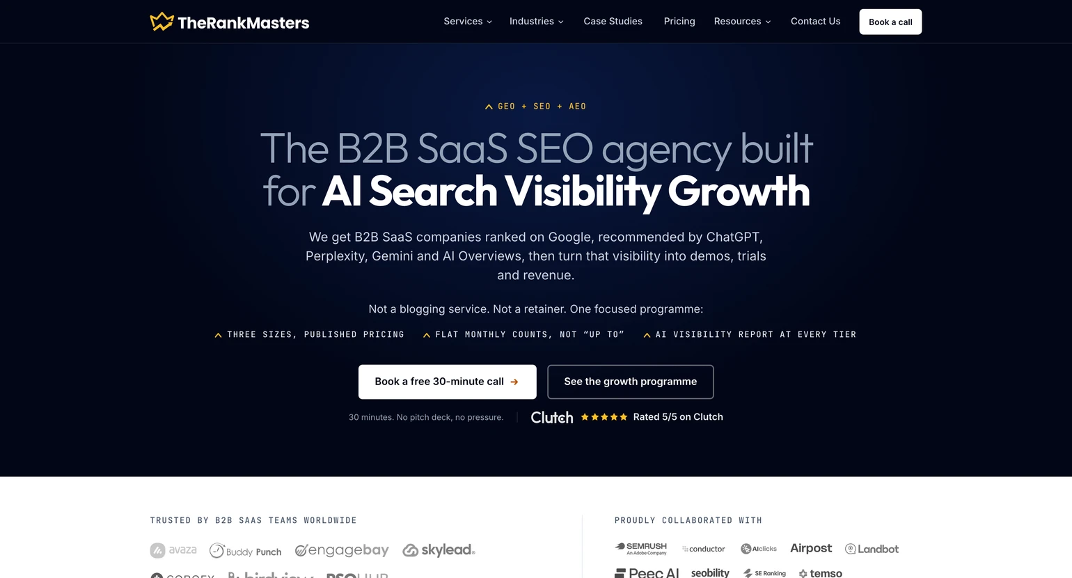 The Rank Masters homepage, headlined “The B2B SaaS SEO agency built for AI Search Visibility Growth”, with a row of client logos below