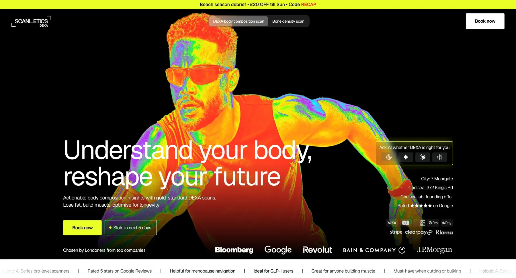 The Scanletics homepage, headlined “Understand your body, reshape your future” over a multicoloured image of a runner, with links to its City lab at 7 Moorgate and its Chelsea lab at 372 King's Road