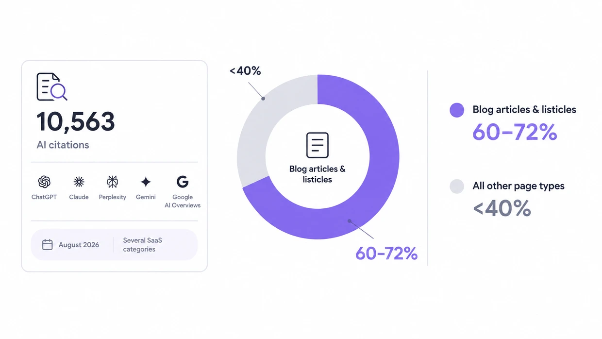 Donut chart of 10,563 AI citations across five engines: blog articles and listicles 60–72%, other page types under 40%