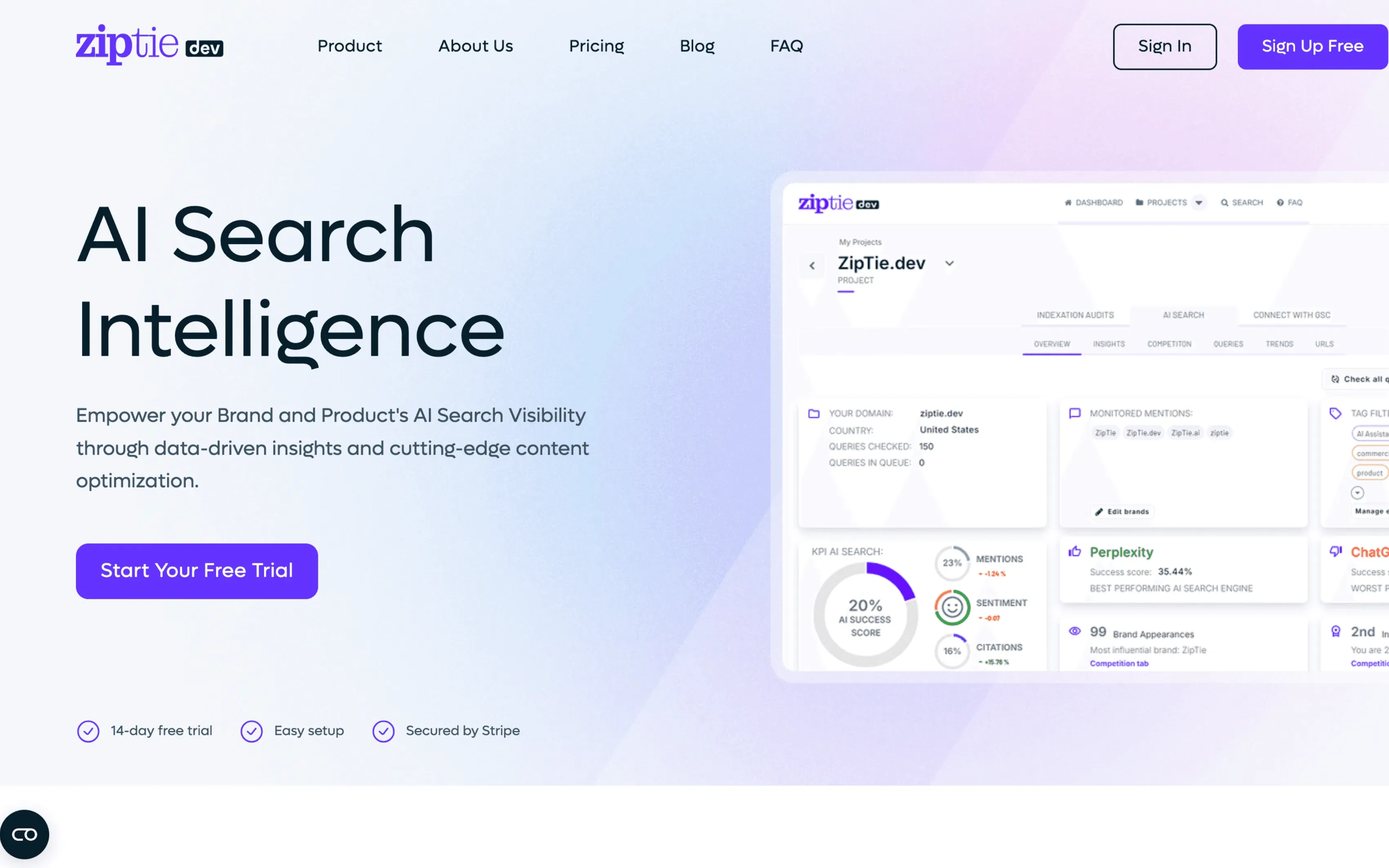 Screenshot of The Top 10 Tools's dashboard showing AI search visibility tracking and analytics.